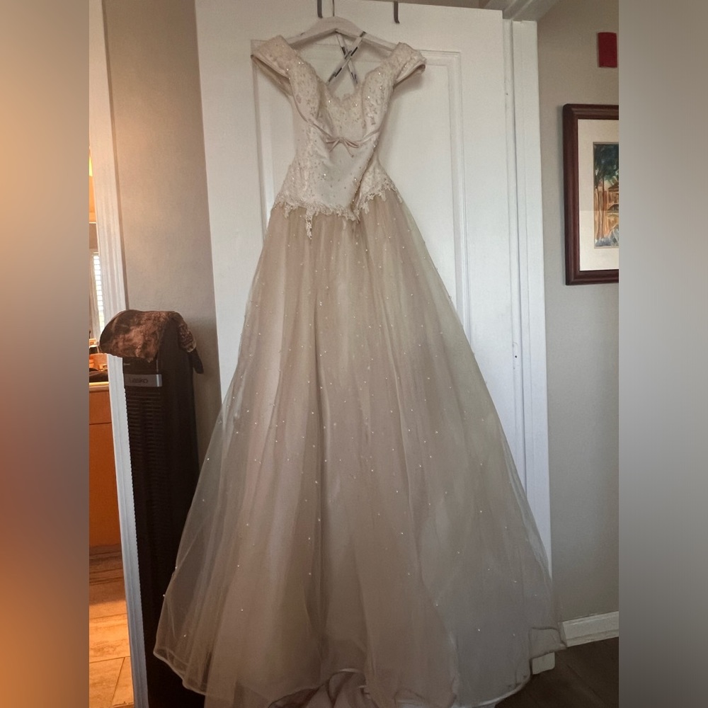 Cream and Rum pink wedding dress by Oleg Cassini